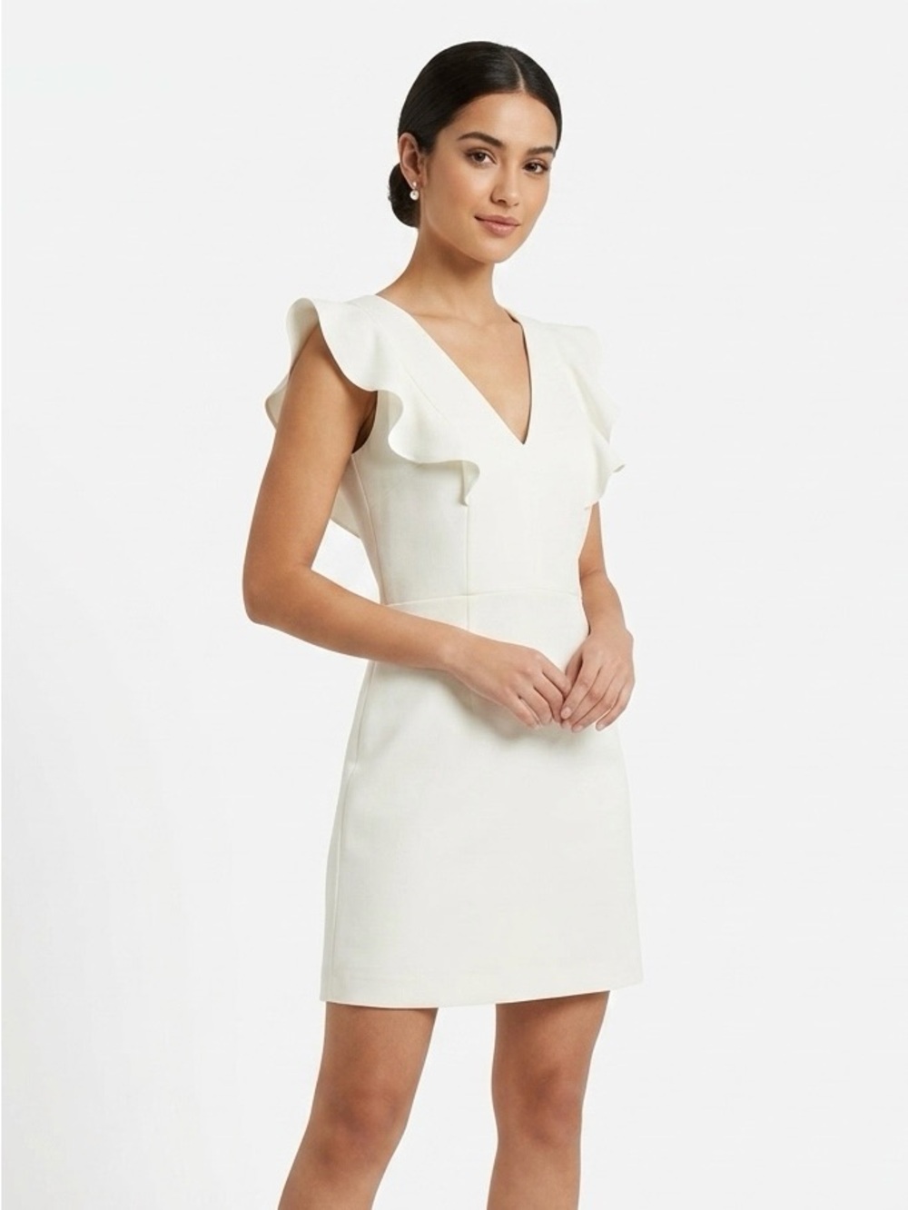 French Connection,  White Ruffle V-Neck Mini Dress - S